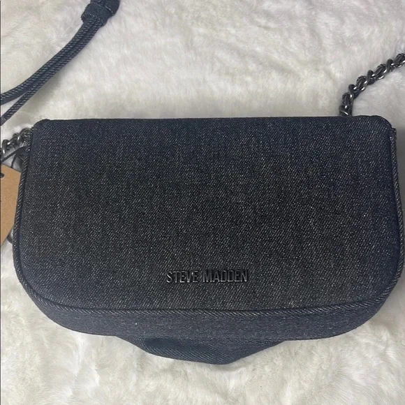 Steve Madden - Black/Charcoal Denim Borla Rose Bud Chain Crossbody - Picture 6 of 13